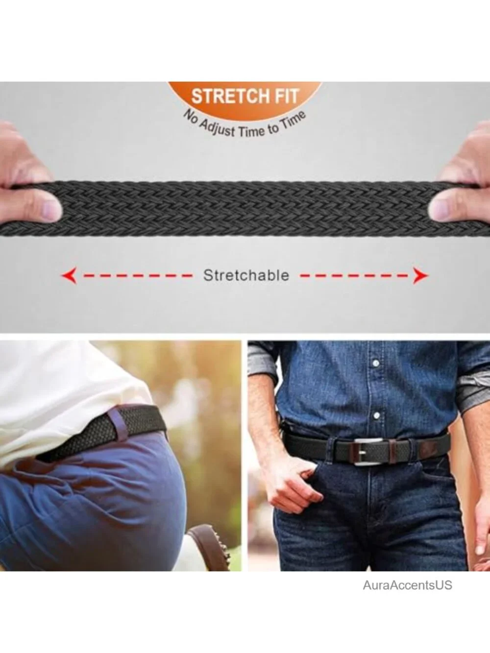 Braided Stretch Web Belt for Men, No Hole Snug Fit, Golf Casual Jeans